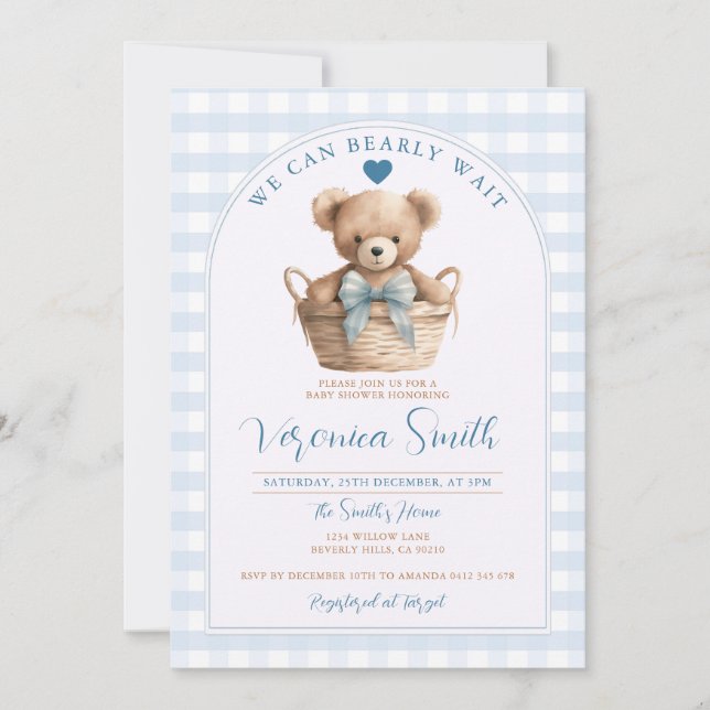 Invitación Ya podemos esperar a la Baby Shower de Blue Gingha (Anverso)