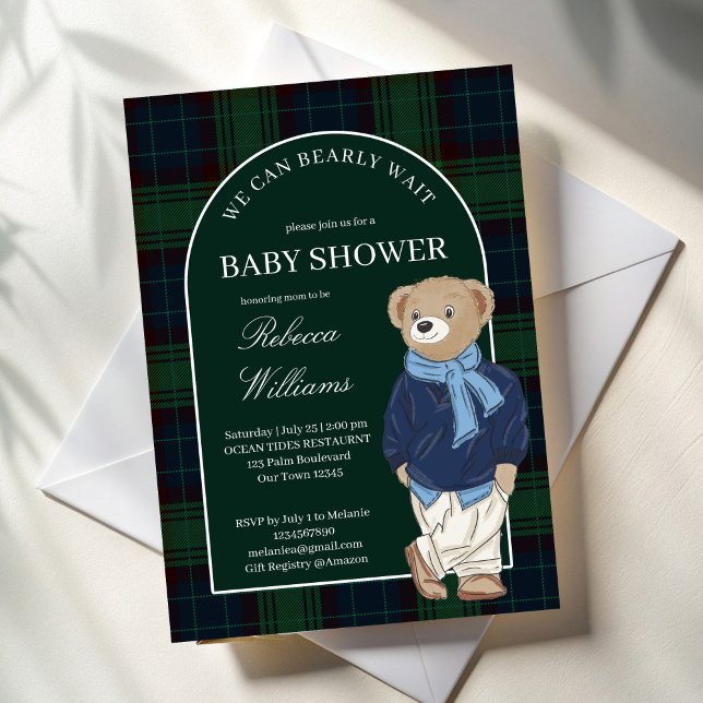 Invitación Ya podemos esperar a la clásica ducha de bebé de f (We can bearly wait emerald green classic plaid teddy  bear baby shower invitation cards template)