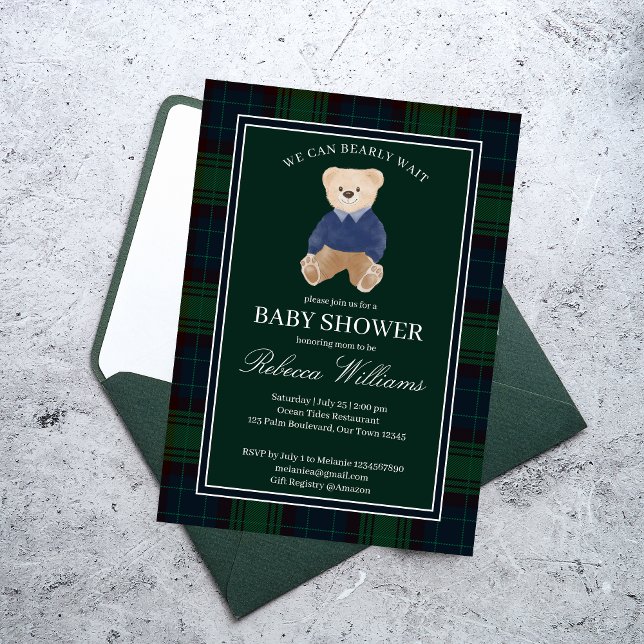 Invitación Ya podemos esperar a la clásica ducha de bebé de f (We can bearly wait classic emerald green plaid baby shower invitation cards template)