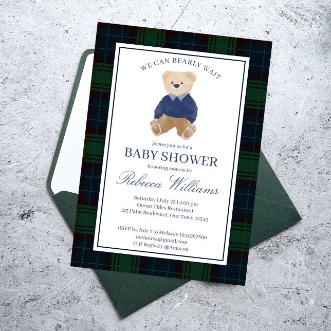 Invitación Ya podemos esperar a la clásica ducha de bebé de f (We can bearly wait classic navy blue green plaid teddy bear baby shower invitation cards template)