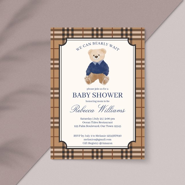 Invitación Ya podemos esperar a la clásica ducha de bebé de f (We can bearly wait classic brown plaid teddy bear elegant baby shower invitation cards template)