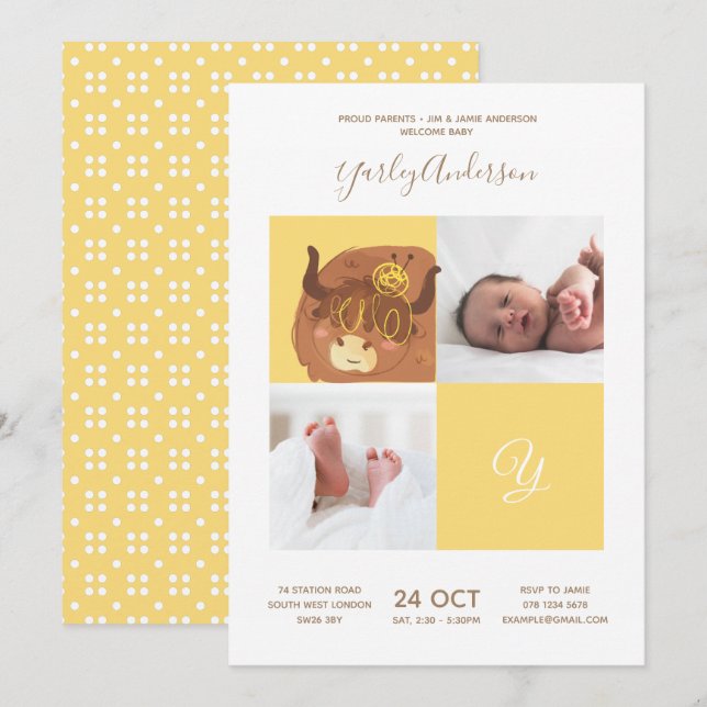 Invitación Yak Amarillo ・ Alfabeto Monograma Cudo Baby Shower (Anverso / Reverso)
