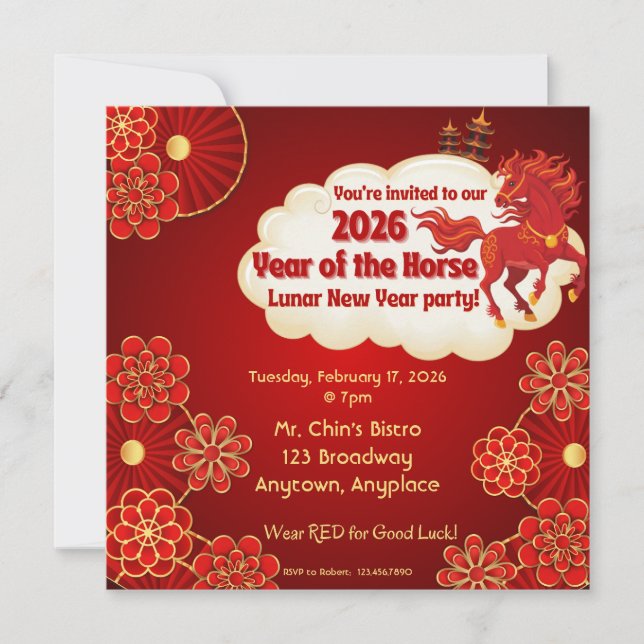 Invitación Year of the Horse Chinese New Year (Anverso)