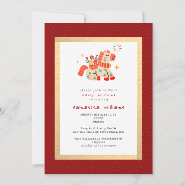 Invitación Year of the Horse Red Gold Horse Baby Shower (Anverso)
