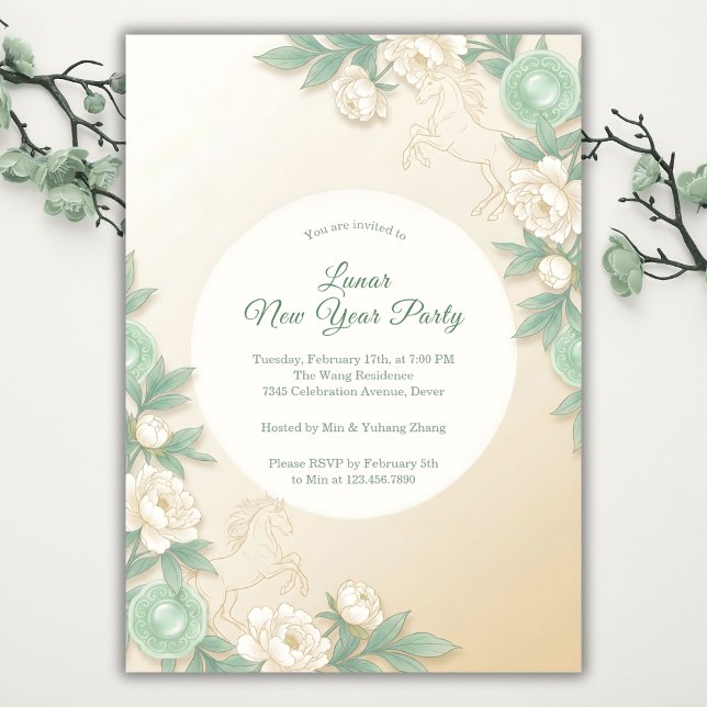 Invitación Year of the Horse Zodiac 2026 Lunar New Year (Modern Pastel Chinoiserie Floral Lunar New Year Party Invitation)