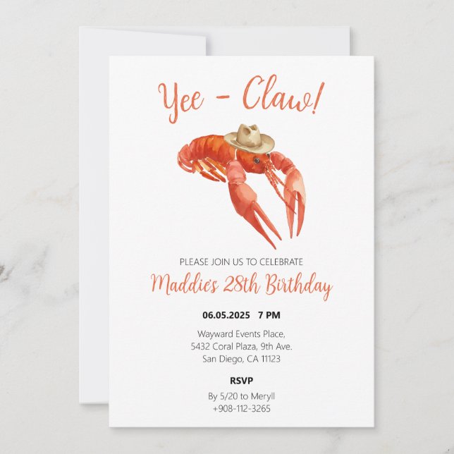 Invitación Yee Claw Crawfish Boil Watercolor Cumpleaños (Anverso)