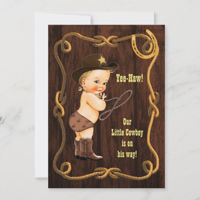 Invitación ¡Yee-Haw! Blonde Cowboy Rustic Baby Shower (Anverso)