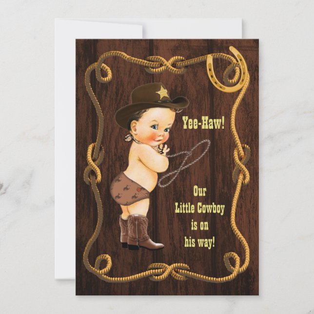 Invitación ¡Yee-Haw! Brunette Cowboy Rustic Baby Shower (Anverso)