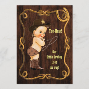Invitación ¡Yee-Haw! Brunette Cowboy Rustic Baby Shower