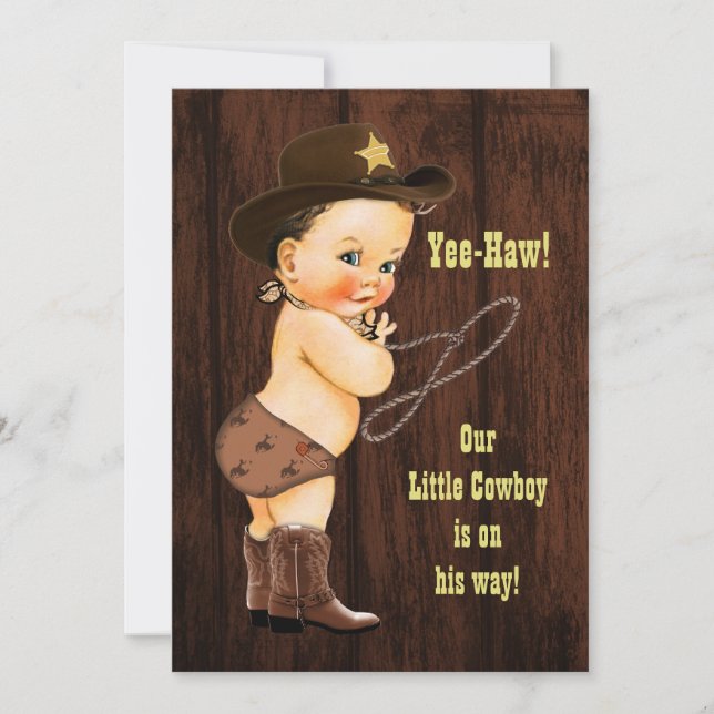 Invitación ¡Yee-Haw! Brunette Cowboy Rustic Baby Shower (Anverso)