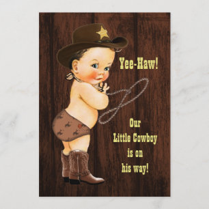 Invitación ¡Yee-Haw! Brunette Cowboy Rustic Baby Shower