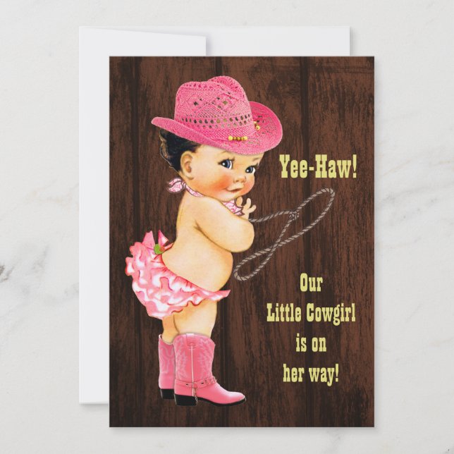Invitación ¡Yee-Haw! Brunette Cowgirl Rustic Baby Shower (Anverso)