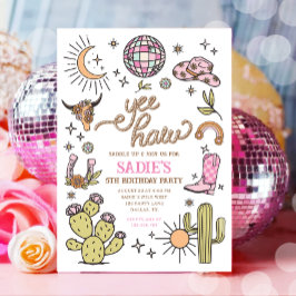 Invitación Yee Haw Chica Rodeo Retro Disco Cowgirl Cumpleaños