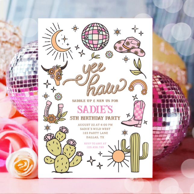 Invitación Yee Haw Chica Rodeo Retro Disco Cowgirl Cumpleaños (Subido por el creador)