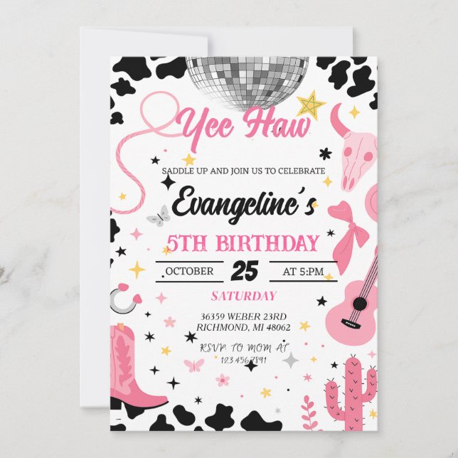 Invitación Yee Haw Cowgirl del espacio rosado Disco Rodeo Cum (Anverso)