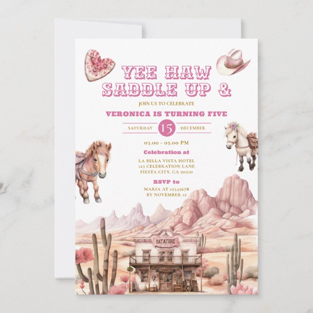 Invitación Yee haw Cowgirl Rodeo Wild West Ranch 5 cumpleaños (Anverso)