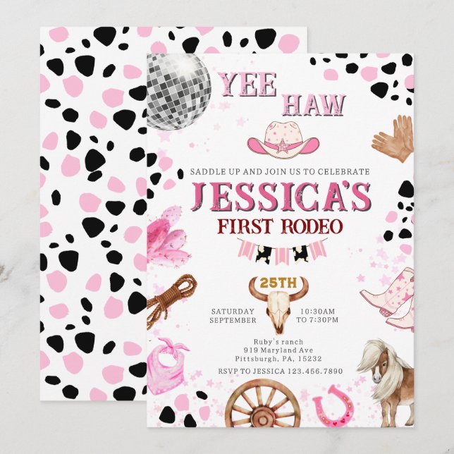 Invitación Yee Haw Disco Cowgirl Rodeo Cumpleaños (Anverso / Reverso)