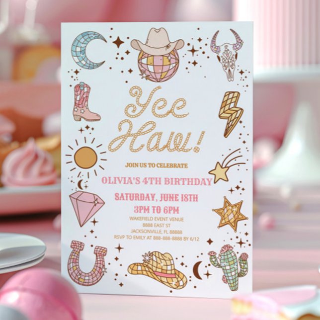 Invitación ¡Yee Haw! Fiesta de cumpleaños de Rodeo Retro Disc (Subido por el creador)