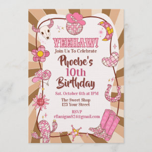 Invitación ¡Yee Haw! Fiesta de Cumpleaños Retro Disco Vaquera
