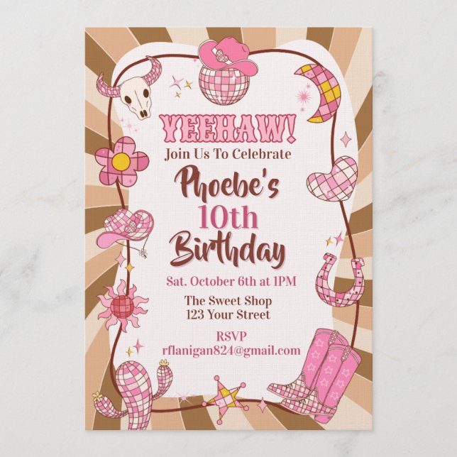Invitación ¡Yee Haw! Fiesta de Cumpleaños Retro Disco Vaquera (Anverso)