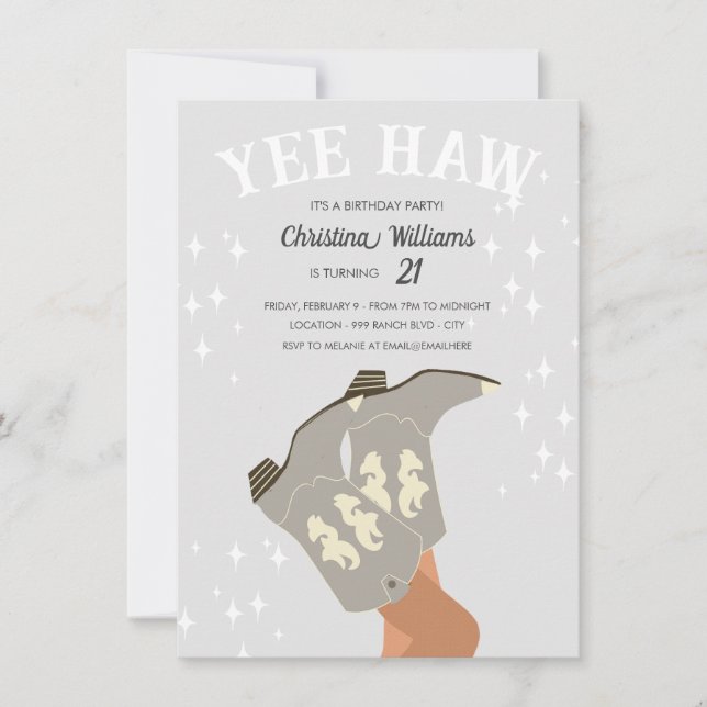 Invitación Yee Haw Moderno Gris Occidental Cowboy Cumpleaños (Anverso)