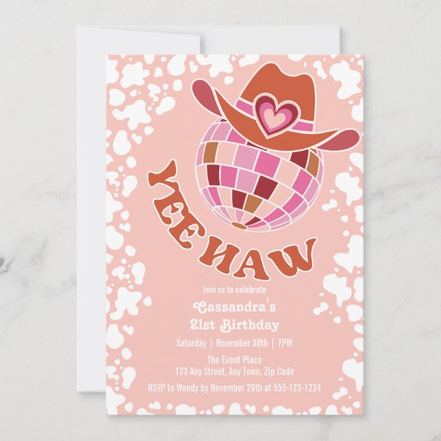 Invitación Yee Haw Peach Disco Cowgirl Rodeo Cumpleaños (Anverso)