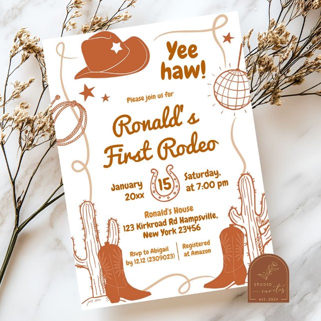 Invitación Yeehaw Disco Cowboy Primer Rodeo Nacimiento Niño (Subido por el creador)