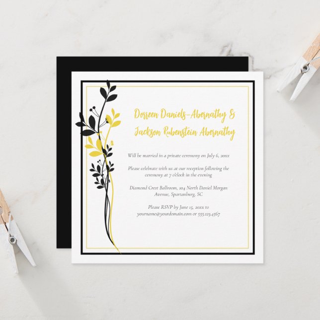 Invitación Yellow and Black Floral Reception Only | (Anverso/Reverso In Situ)
