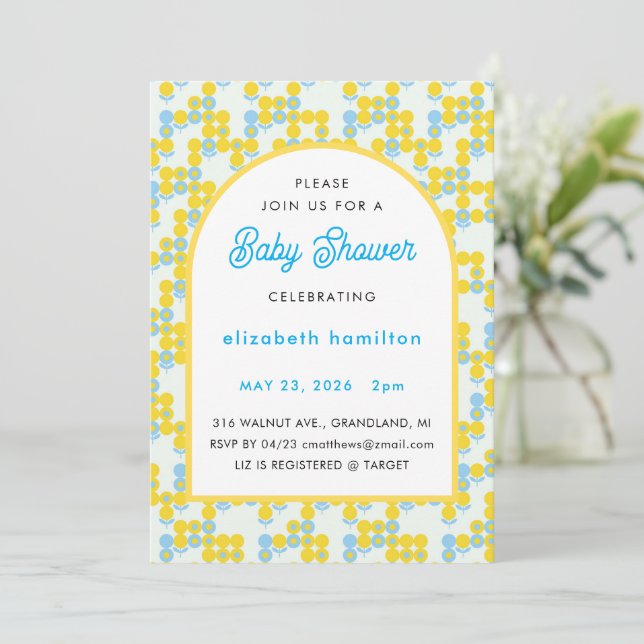 Invitación Yellow and Blue Dots Modern Baby Shower Invitation (Anverso de pie)