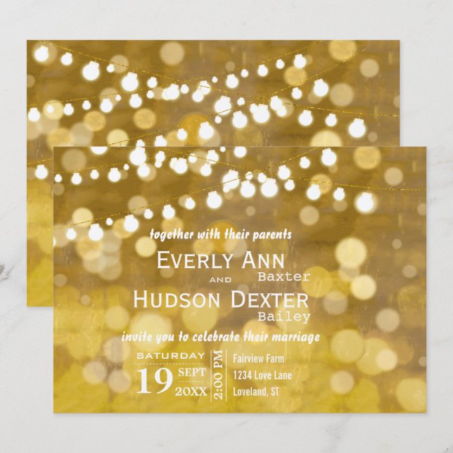 Invitación Yellow and Gold Forest Lights Garland Boda (Anverso / Reverso)