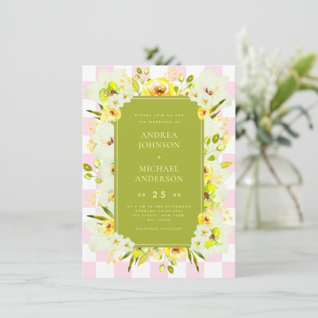 Invitación Yellow and Green Floral Checkered Wedding Invite (Anverso de pie)