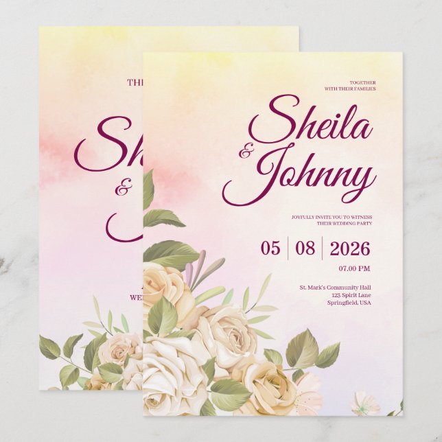 Invitación Yellow and Pink Watercolor Elegance Wedding (Anverso / Reverso)