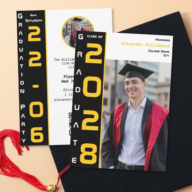 Invitación Yellow Black White Graduation Photo QR Code Party (Subido por el creador)