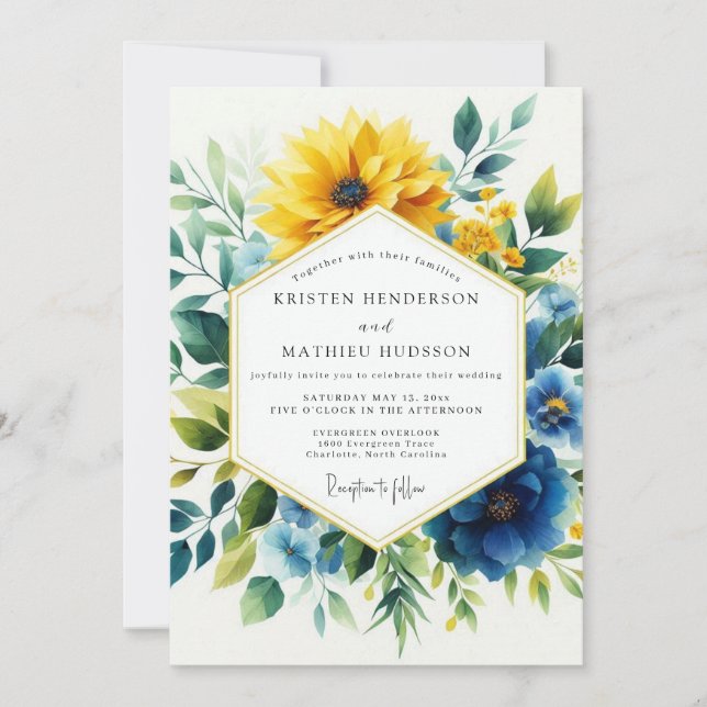Invitación Yellow Blue Botanical Bloom Wedding (Anverso)