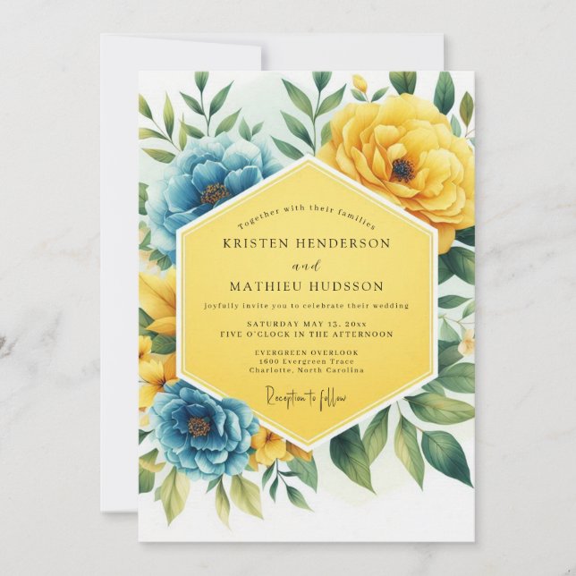 Invitación Yellow Blue Floral Whimsy Wedding (Anverso)