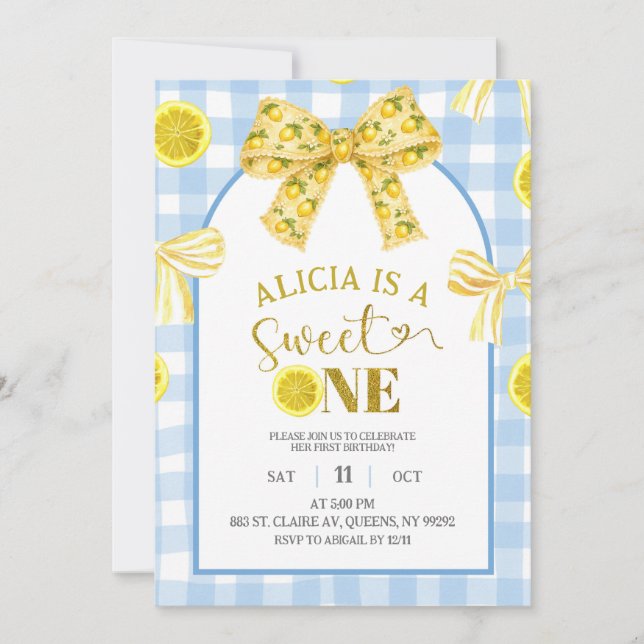 Invitación Yellow Bow Sweet 1 Lemon Blue and Yellow Birthday (Anverso)