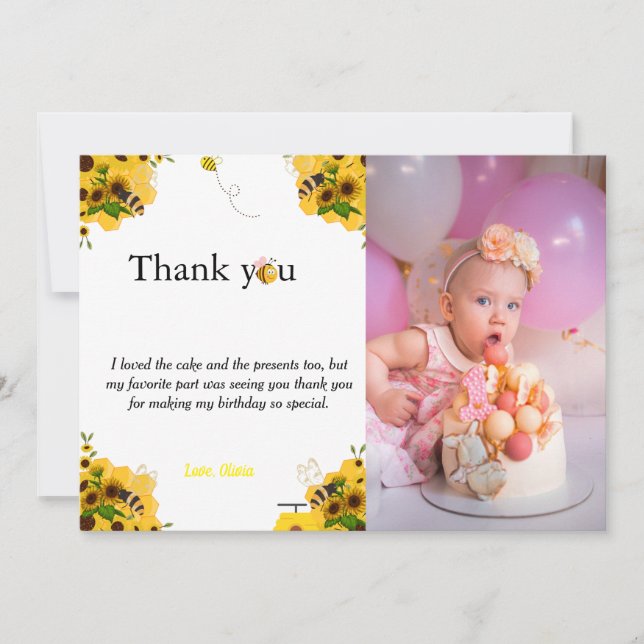 Invitación Yellow bumble bee  birthday thank you card (Anverso)
