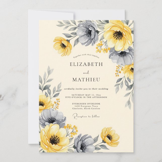 Invitación Yellow Charcoal Striking Floral Wedding (Anverso)
