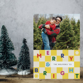 Invitación Yellow Checkerboard Merry & Bright Christmas Card