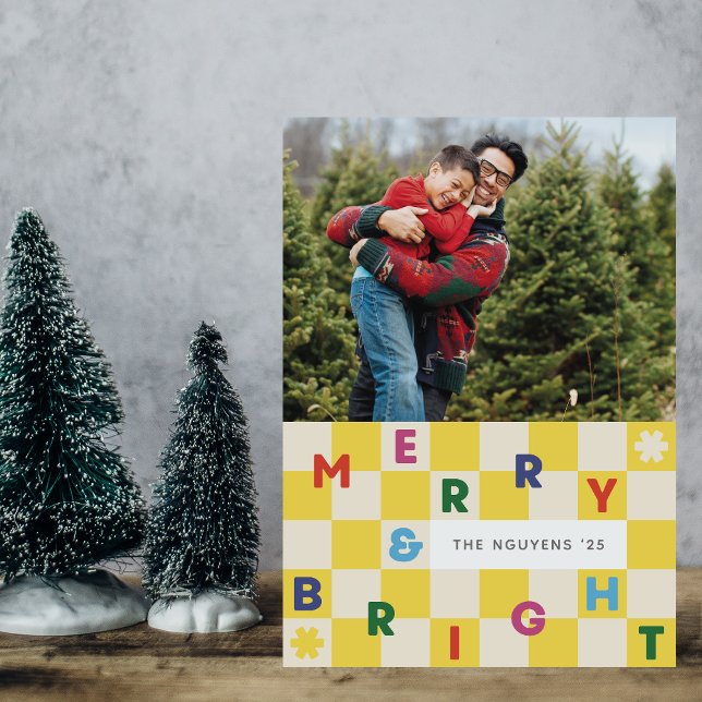 Invitación Yellow Checkerboard Merry & Bright Christmas Card (Subido por el creador)