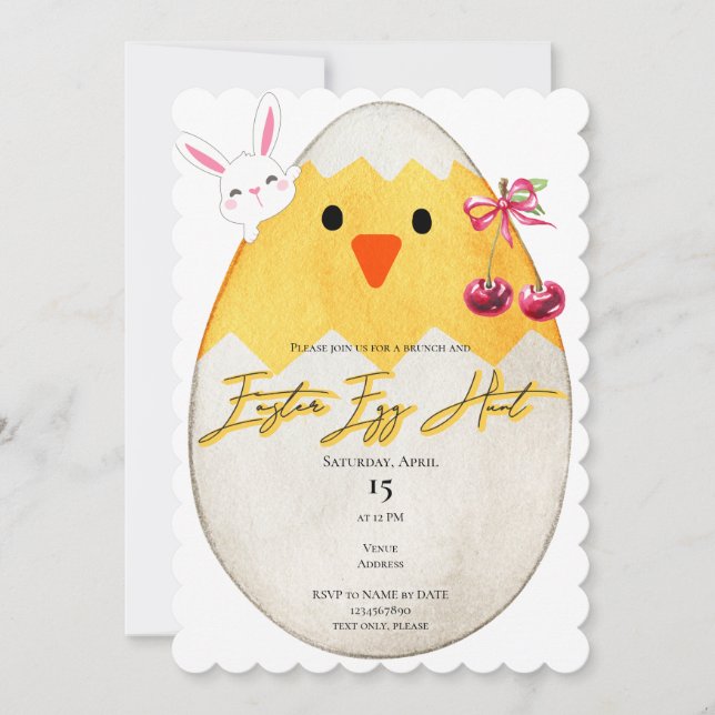 Invitación Yellow Chick Easter Egt Hunt Bunny Cherry Bow (Anverso)