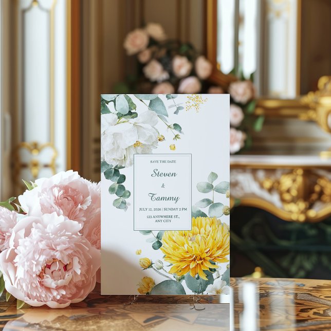 Invitación Yellow Chrysanthemum White Peony Eucalyptus (Subido por el creador)