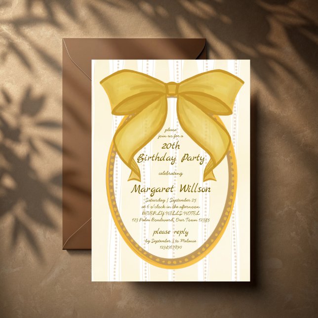 Invitación Yellow coquette retro stripes bow birthday party (Yellow coquette retro stripes hand drawn preppy bow birthday party invitation cards template)