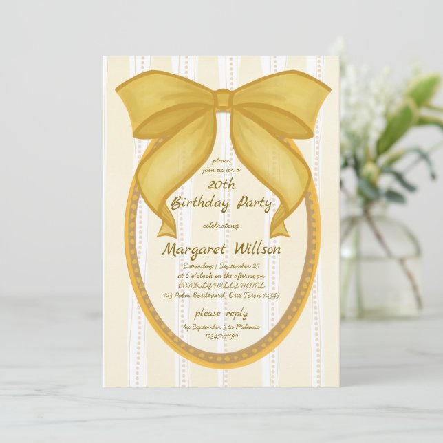 Invitación Yellow coquette retro stripes bow birthday party (Anverso de pie)