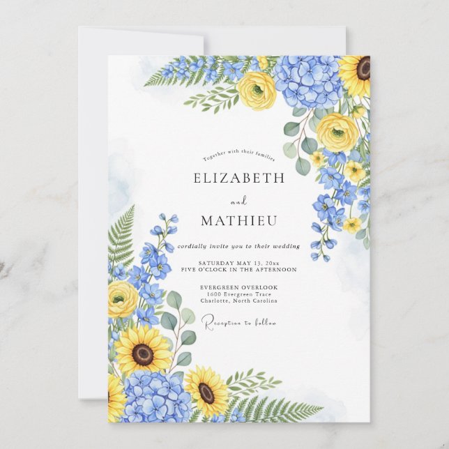 Invitación Yellow Cornflower Blue Radiant Summer Wedding (Anverso)