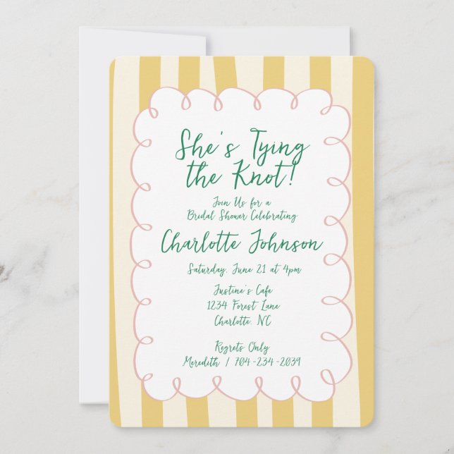 Invitación Yellow Cream Striped She's Tying the Knot Bridal (Anverso)