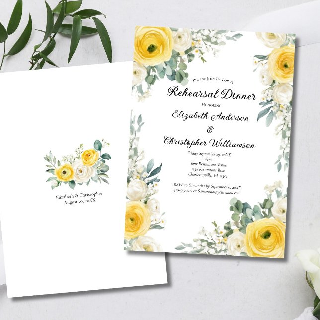 Invitación Yellow Cream Watercolor Florals Rehearsal Dinner (Yellow cream Watercolor flroals elegant Wedding Rehearsal Dinner Invitation. Printed or Digital)