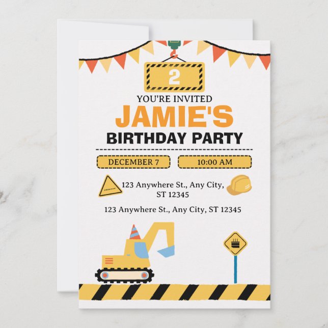 Invitación Yellow Cute Construction Truck Boys 2nd Birthday (Anverso)