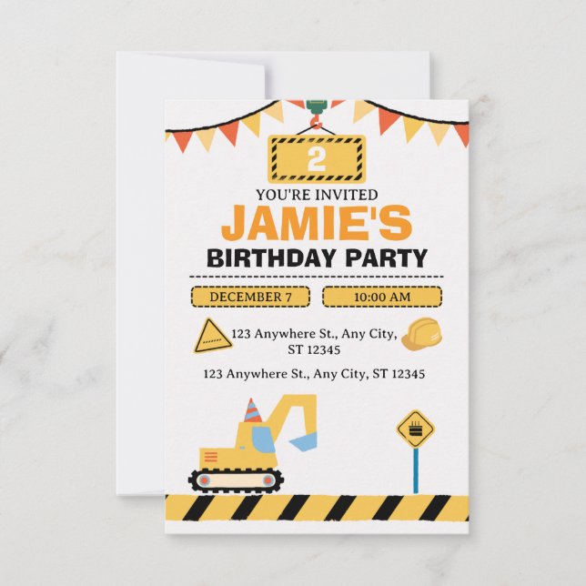 Invitación Yellow Cute Construction Truck Boys 2nd Birthday (Anverso)