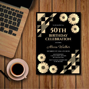 Invitación Yellow Daisy Triangle Geometric Black Birday